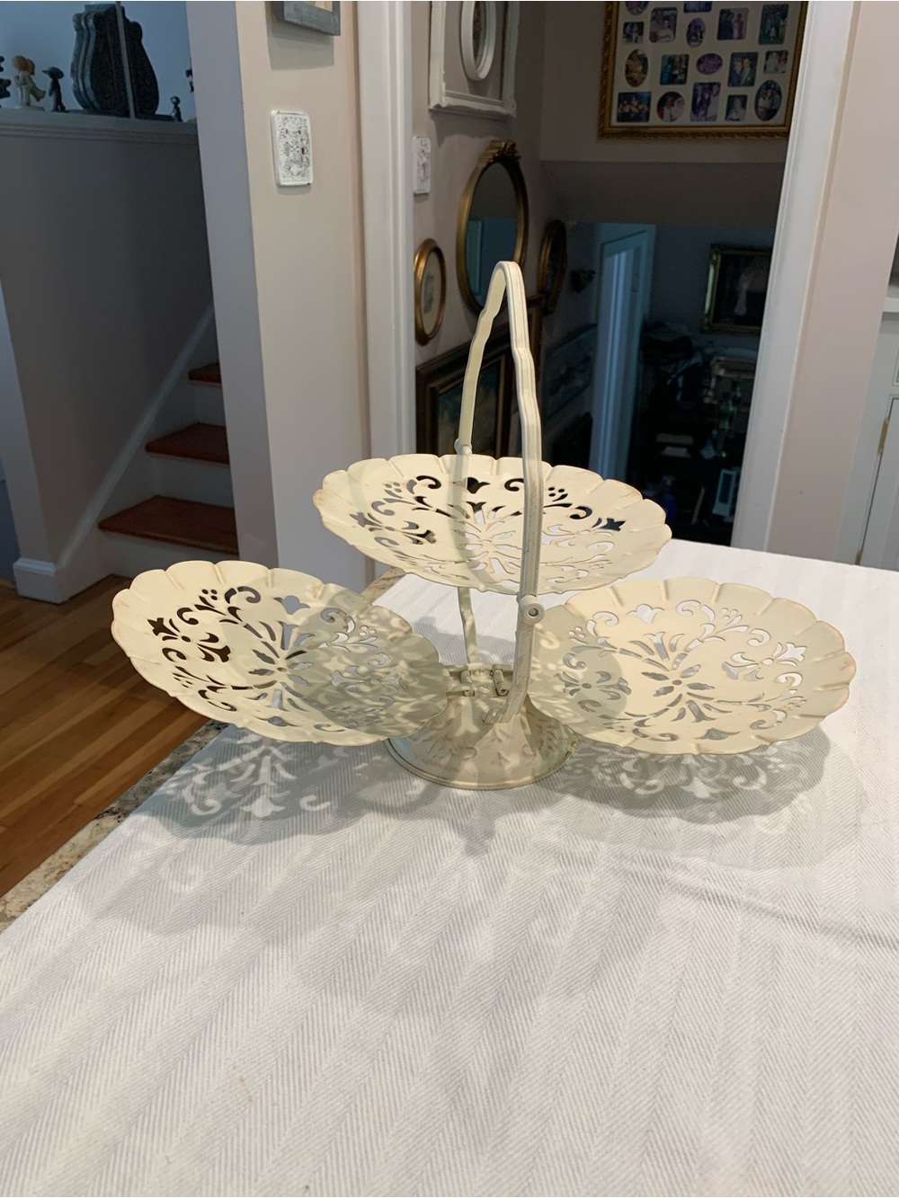 Vintage Shabby Chic Folding Metal Folding Three Tiered Tray